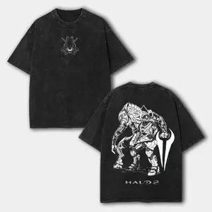 Men's Oversized Shortsleeve Distressed Halo 2 Master Chief vs The Arbiter Vintage Washed Tshirt - Retro Streetwear Casual Top for Everyday, Festive Wear