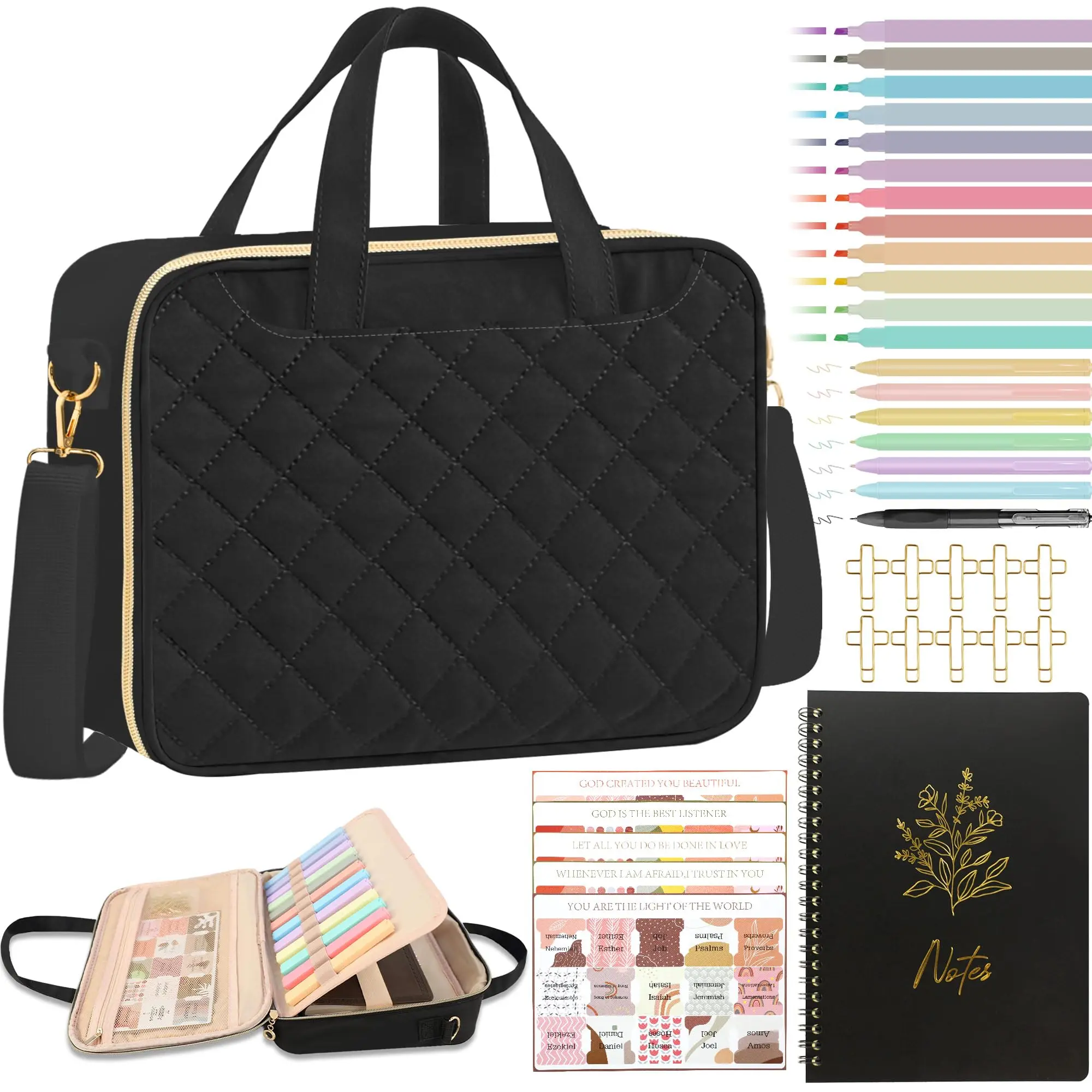 Bible Cover Case for Women, Large Quilted Bible Bag with Shoulder Strap and Handle, Bible Study Supplies Journaling Kit with Highlighters Pens No Bleed Tabs Notebook Cross Clips