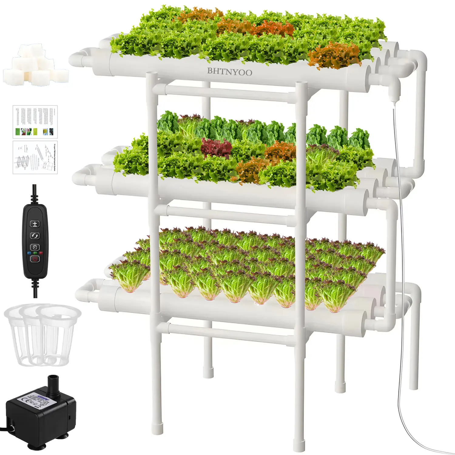 Hydroponics Growing System Kit,BHTNYOO-3 Layers/108 Sites Food Grade PVC Pipes Planting Vegetables Herbs Garden Tools (with Pump, Timer, Nest Basket, Sponge)