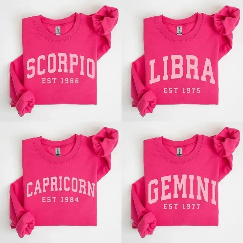 (LEAVE A NOTE OR DM SHOP) Custom Zodiac Sweatshirt - Pink (Heliconia), Personalized Year Astrology Pullover, Black Unisex Crewneck, Cute Horoscope Birthday Gift, Celestial Sign Outfit 2025