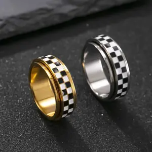 Stainless Steel Rotatable Checkerboard Ring, Elegant Stackable Matching Ring, Fashionable Creative Costume Jewelry Accessory for Ceremonies, Stackable Rings
