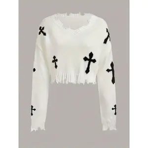 Ripped Crew Neck Knitted Sweater, Casual Long Sleeve Crop Pullover Sweater For Fall & Spring, Women's Clothing