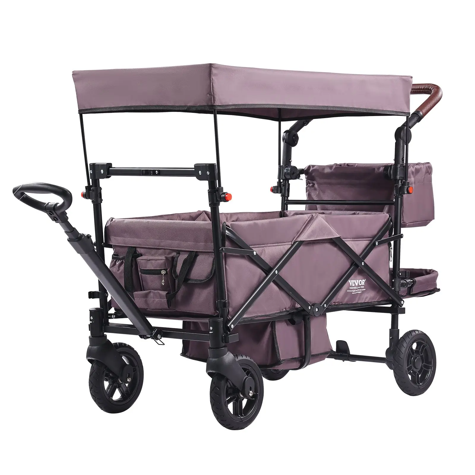 VEVOR Carbon Steel Portable Lightweight Compact Double Stroller for 2 Kids, Adjustable Push-Pull Handle, Encircling Harness, Removable Canopy, 4-Wheel Terrain-Adapted Brakes, Skin-Friendly Seats, Easy-Install Outdoor Camping Trolley, Dark Purple