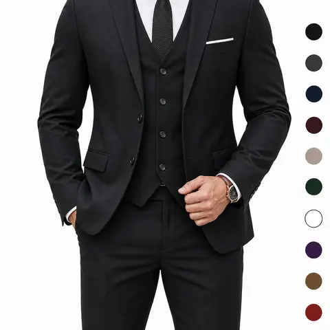 YND Men's 3-Piece Button Long Sleeve Classic Suit Set - Formal Menswear with Vest, Pants, Tie for Corporate Office, Wedding, Workwear (Beige, Black),sohochic