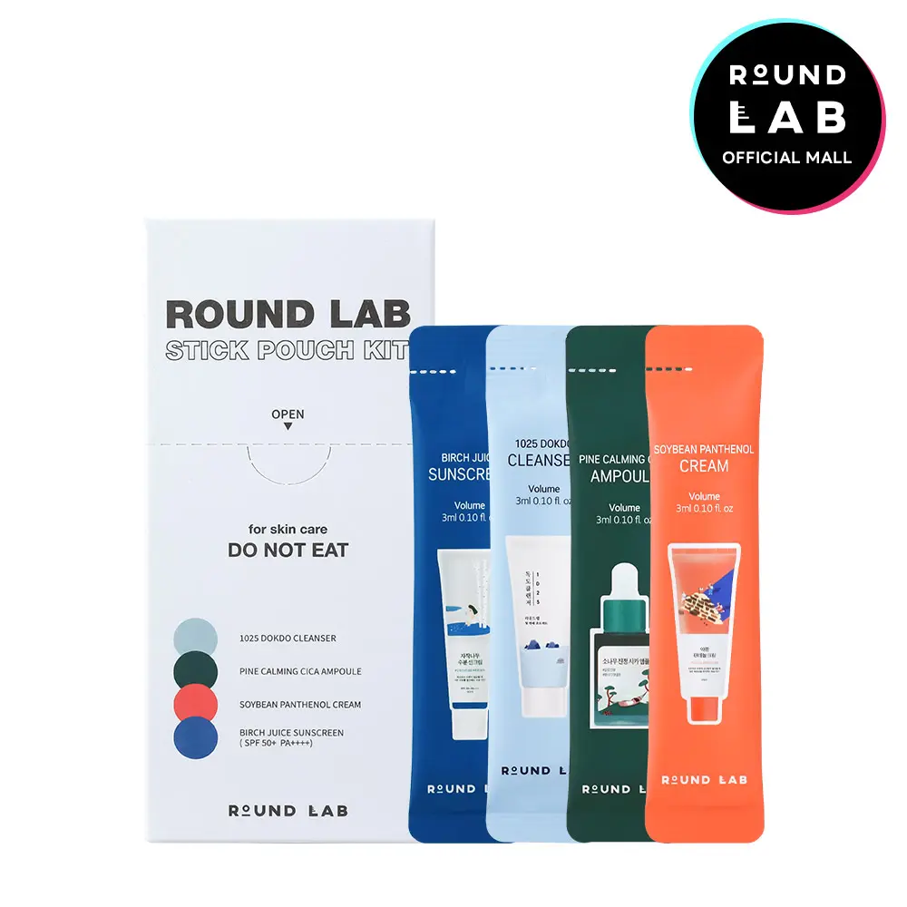 ROUND LAB Stick Pouch Kit – Gentle K-Beauty Skincare to Go |Travel-friendly | Comfort (1025 Dokdo Cleanser 3ml*3ea, Pine Calming Cica Ampoule 3ml*3ea, Soybean Panthenol Cream 3ml*3ea, Birch Juice Moisturizing Sunscreen 3ml*3ea)