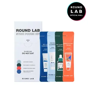 ROUND LAD Stick Pouch Kit – Gentle K-Beauty Skincare to Go |Travel-friendly | Comfort (1025 Dokdo Cleanser 3ml*3ea, Pine Calming Cica Ampoule 3ml*3ea, Soybean Panthenol Cream 3ml*3ea, Birch Juice Moisturizing Sunscreen 3ml*3ea)
