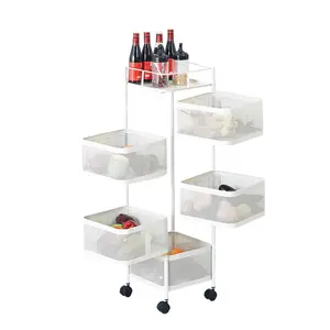 5 Tier Rotating Rolling Storage Cart with Top Lid & 360° Wheels, Metal Mesh Rolling Cart Organizer for Fruits Vegetables Groceries Potato Onion Corns, Kitchen Storage Cart For Pantry, Bathroom, or Living Room,White/Black