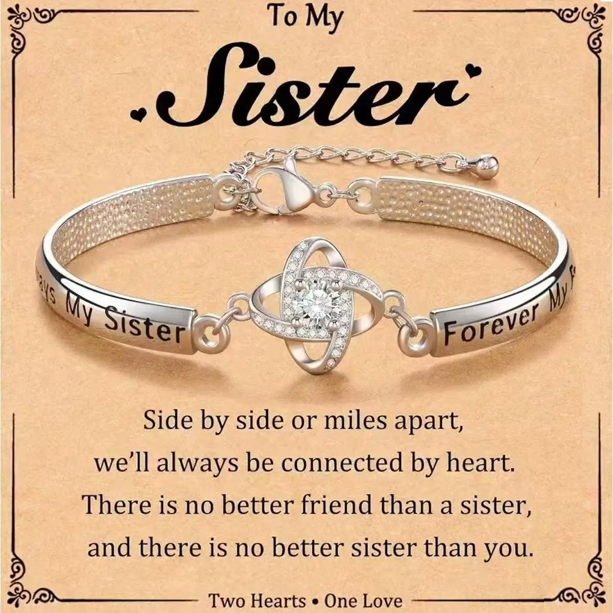 Elegant Sister Heart Charm Bangle - Engraved Message, CZ Stone Surface, Dainty Artificial Gemstone Jewelry Gift for Women, Daily Wear, Anniversary, Birthday Occasions