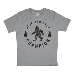 Youth Hide and Seek Chamption T Shirt Funny Hidding Bigfoot Sasquatch Joke Tee for Kids Funny T Shirts Funny Sarcastic Short Sleeve Novelty Tees for Kids Light Grey