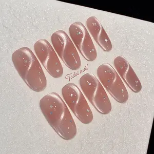 Nude Pink Luxury Rhinestone Collection Handmade Press-On Nails | 10pcs Handmade | Soft Fairy Style | Nude Pink Base & Cat Eye/Glitter Gradient & Multiple Rhinestone Star Accents | High Gloss Finish | Reusable DIY Nail Kit for Spring | Elegant Timeless
