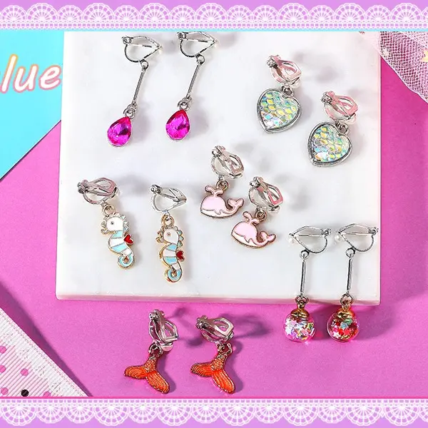 PinkSheep Clip On Earrings 12 Pairs for Little Girls Mermaid Flower Jewelry Gift, Non-Pierced Ears, Soft Rubber Pads