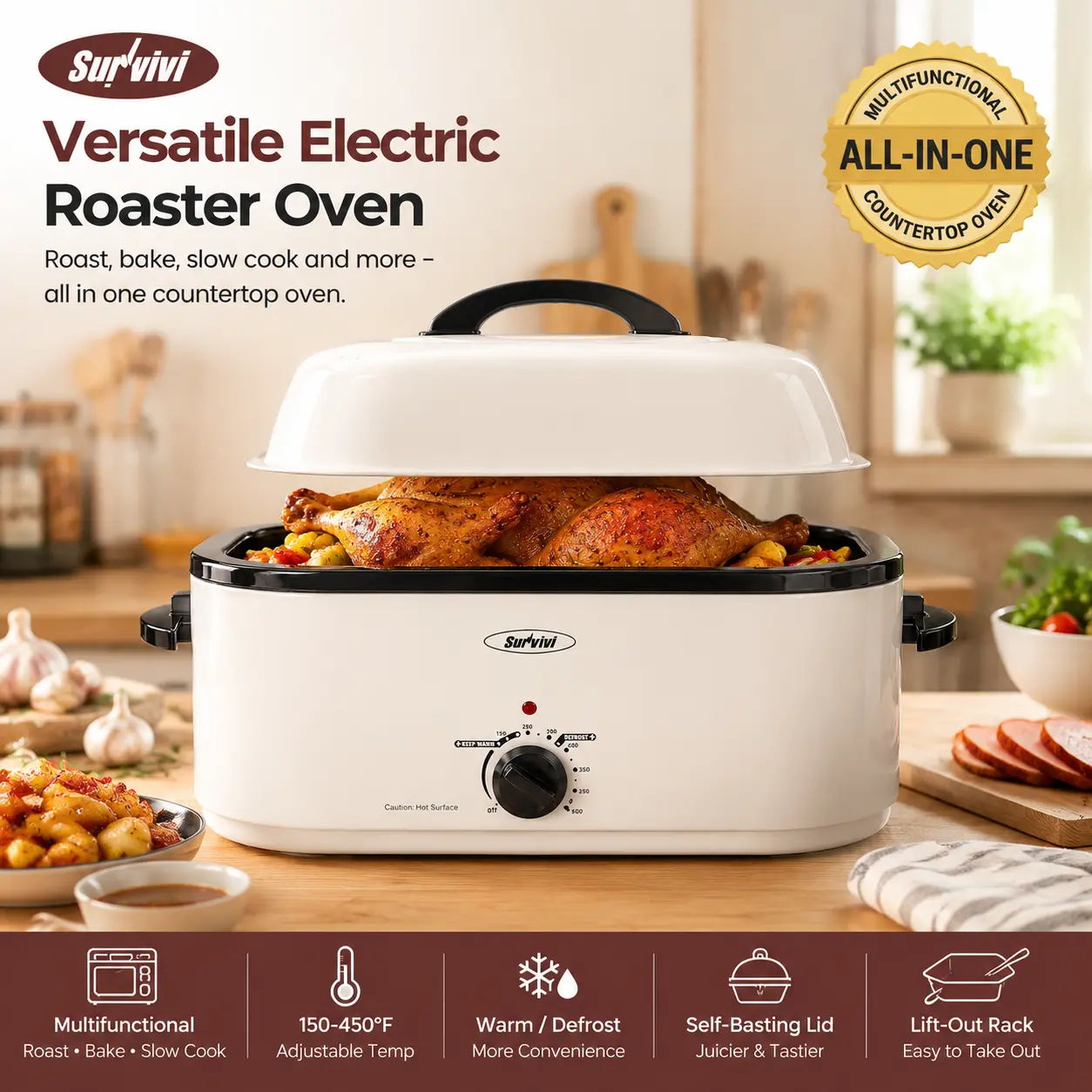 Sunvivi 20-Qt Electric Roaster Oven with Viewing Lid, Defrost Setting, Warm Function, Variable Temperature, Removable Pan & Rack, Easy-to-Clean Multifunction Crispy Skin Multifunctional Kitchen Appliance 