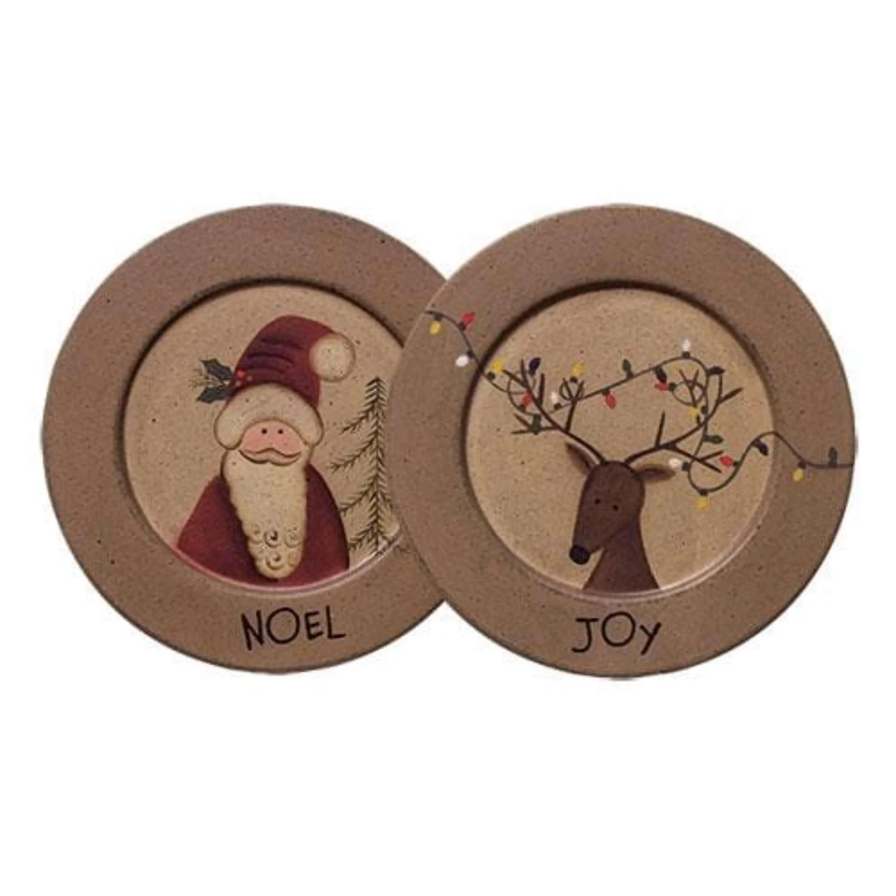 Noel Santa and Joy Reindeer Plate - Wooden Design with "NOEL" and "JOY" Text, Featuring Santa and Deer Illustrations