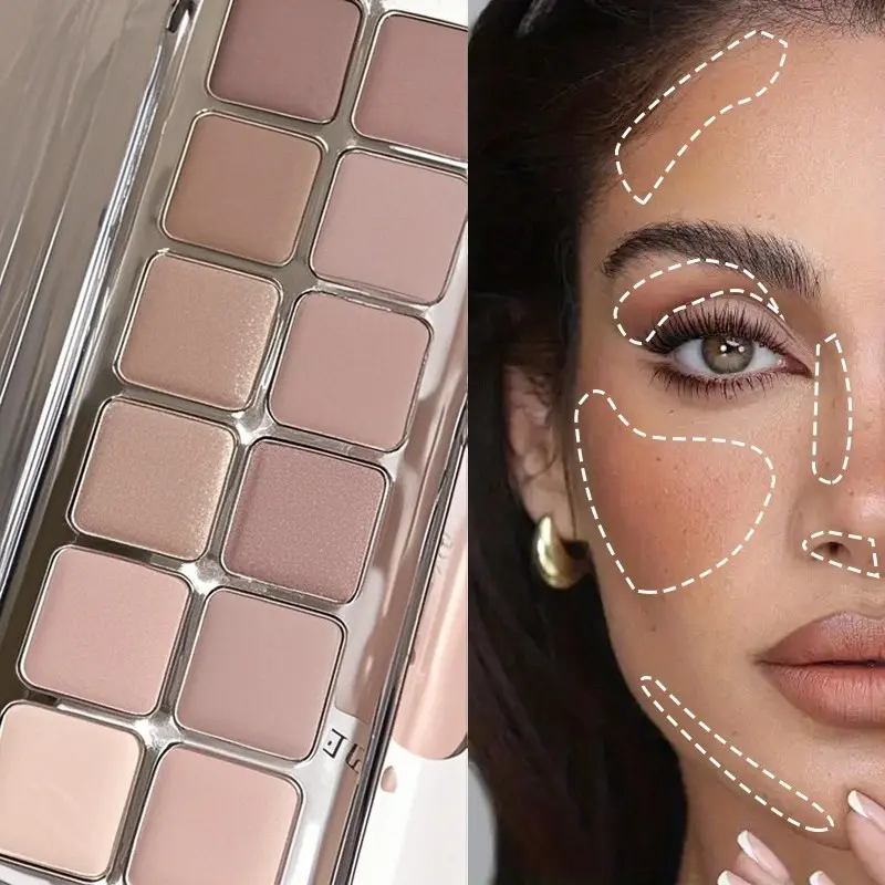 12 Colors Cosmetic Eyeshadow Palette, Low Saturation Soft Neutral Tones, Matte & Shimmer Combo, Waterproof Long-Lasting Daily Eye Makeup, Eye Makeup Product for Cool Toned Glam