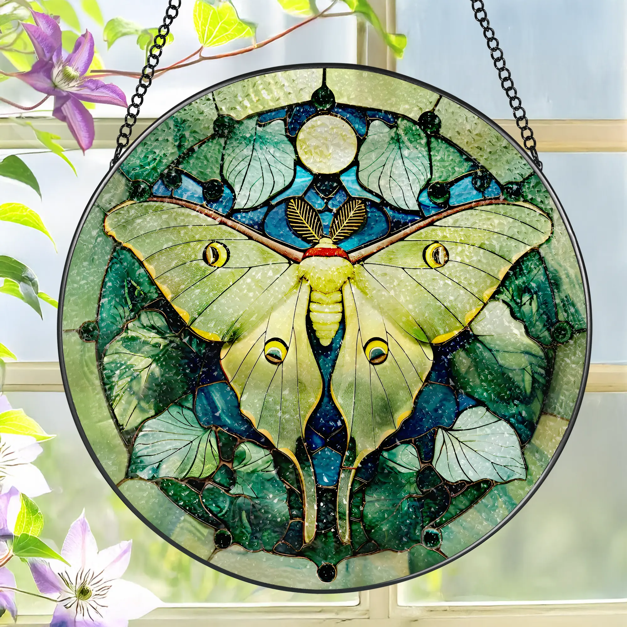 8-Inch Luna Moth Stained Glass Sun Catcher, Hangable Home Decorative Ornament, Interior Decoration Accessories, Ideal Gift for Gift Exchanges