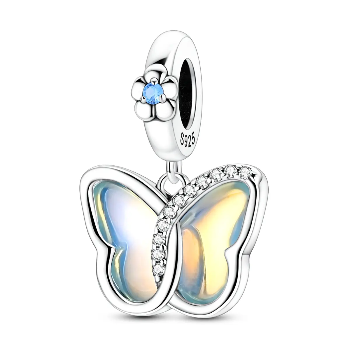 Women's 925 Silver-Plated Elegant Butterfly Charm with Rainbow Crystal Halo, Zirconia Bead Fits Pandora Bracelets, Charms & Pendants for Everyday Wear, Personalized Gift for Valentine's Day & Mother's Day, Valentines Day