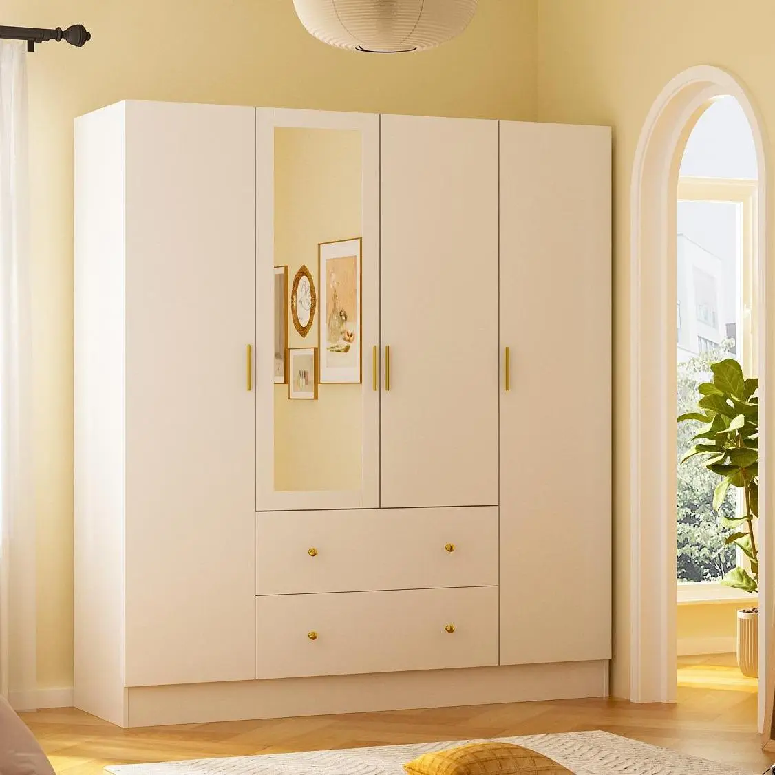 FUFU&GAGA Extra Tall Compartment Wardrobe Armoire - Wardrobe Closet System with Mirror, 5-Tier Shelves, 2 Drawers, 2 Hanging Rods, 4 Doors, Wooden Bedroom Storage Cabinet, Compartment Wardrobes