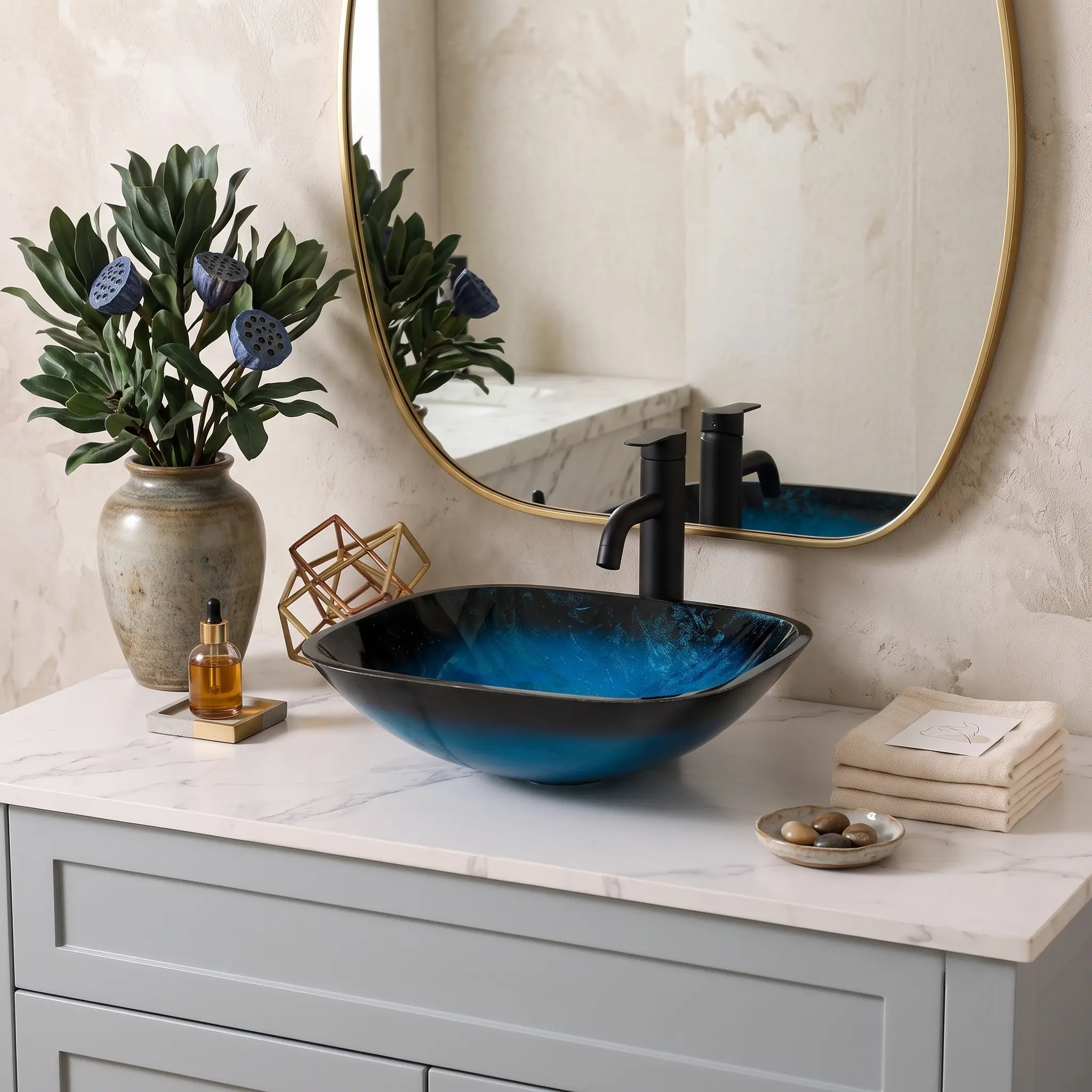 Logmey 16" Square Blue Gradient Tempered Glass Vessel Sink Complete Kit, Modern Art Above-Counter Bathroom Vanity Sink with Matte Black Faucet, Fast Draining Pop-Up Drain for Powder Rooms,bathroom remodel