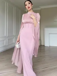 Women's satin long skirt with long sleeves puff shoulder wrinkles high gap long skirt