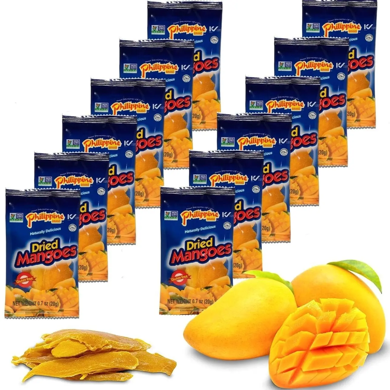 Philippine Brand Dried Mangoes Fruit Snacks- All Naturally Gluten Free, Vegan, Hand-Selected Delicious Fresh Mangos from Philippines, Grab and Go Perfect for Office & School Food (.7oz (12 pack))