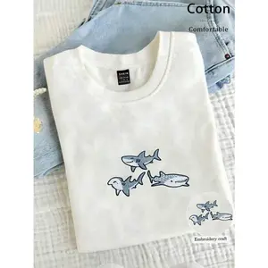 Comfortable and colorful t-shirt with shark embroidery, t-shirt with prints of whale shark, hammerhead shark and white shark, marine life gift idea, women's round neck t-shirt with embroidery