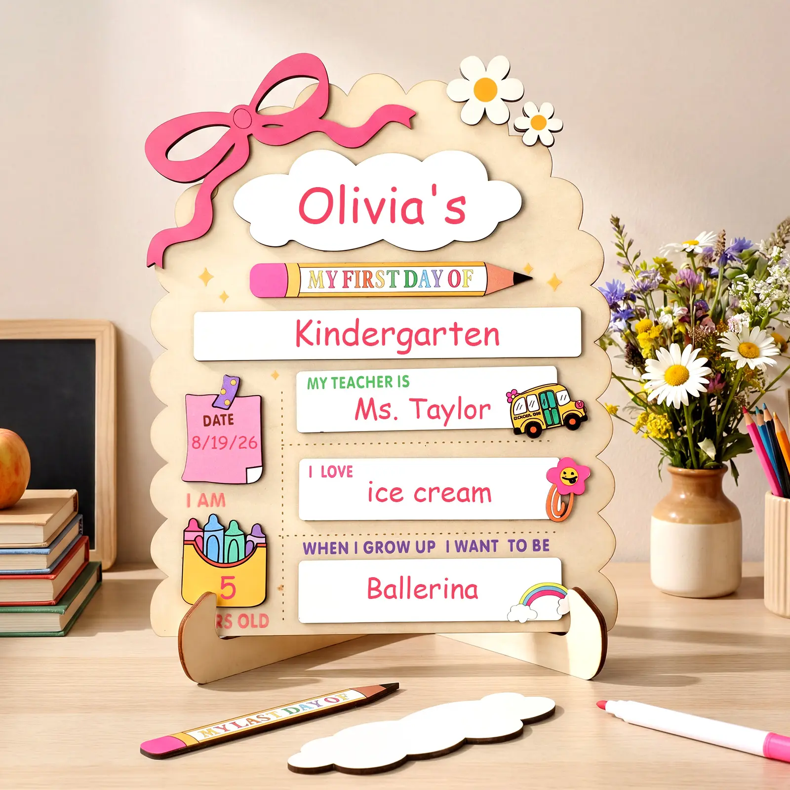 First Day of School Sign Reusable Back to School ChalkBoard First & Last Day of School Photo Prop 1st school board with markers for Preschool Kindergarten PreK Daycare Elementary Cute Dry Erase Wooden Sign Homeschool Mom Teacher School Tradition Pictures