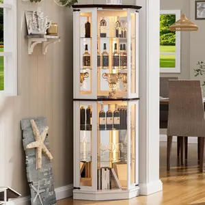 71'' Floor Standing Display Cage Corner Wine Cabinet,Farmhouse Display Curio Cabinet with LED Lights,Tempered Glass Doors,6 Shelves,Storage Rack for Bar and Liquor Storage,White Furniture Design floating shelves