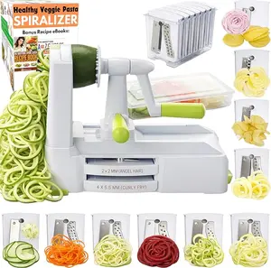 5-Blade Vegetable Spiralizer: Strongest-Heaviest Spiral Slicer, Best Veggie Pasta Spaghetti Maker for Low Carb/Paleo/Gluten-Free/Vegan Meals, With Extra Blade Caddy, 4 Recipe Ebooks