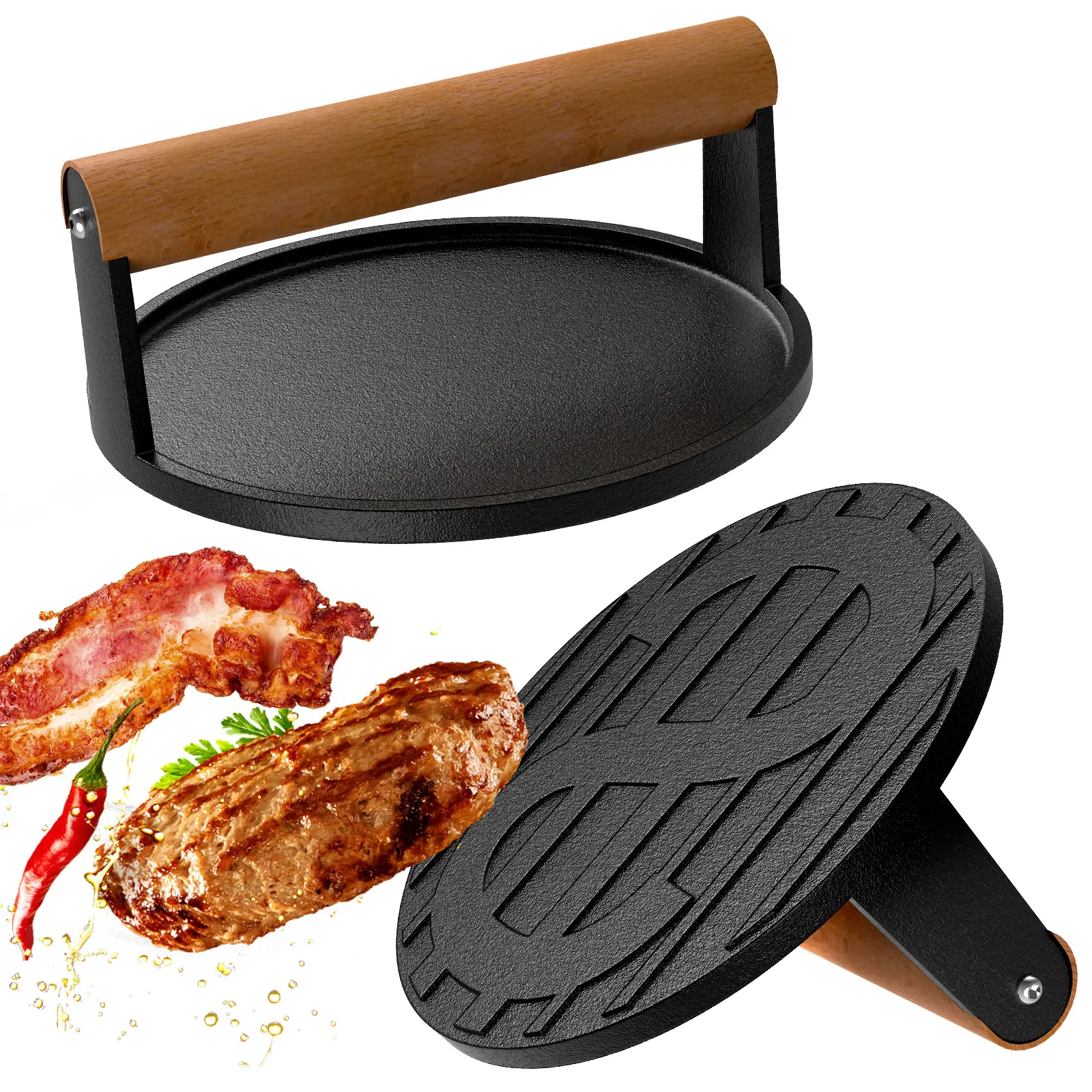 BESTFIRE Cast Iron Smash Burger Press with Wooden Handle, 7" Round & 8.5" Rectangle Griddle Tools, Heavy Duty Smasher for Blackstone Griddle, Ideal for Burgers, Panini, Steak & Crispy Bacon