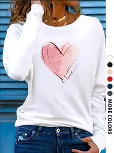 Women's Love Heart Print Round Neck Long Sleeve Top, Casual Fitted Shirt, Soft Fabric, All Seasons Wear