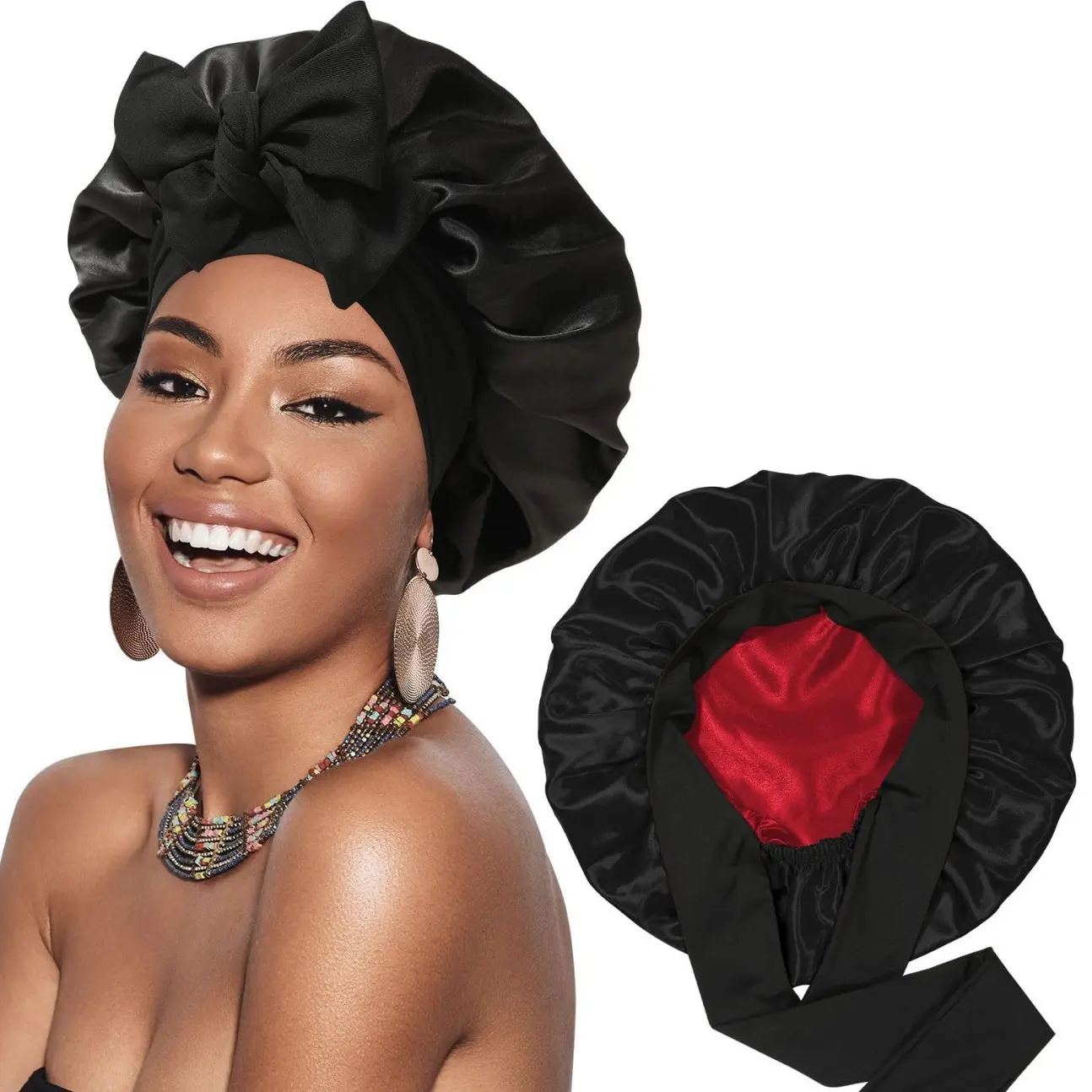 Double layered polyester nightcap with ribbon, round hat, bow, imitation silk beauty hair cap, double-sided