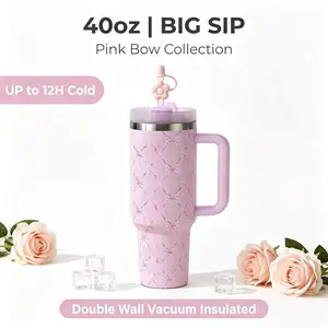 40oz New Bow Pink Tumbler, Double Wall Vacuum Insulated Stainless Steel Water Bottle, 2-in-1 Lid with Straw & Cover, 12h Cold 6h Hot, coffee cup, Travel Mug, Gift for Women, Ships from US