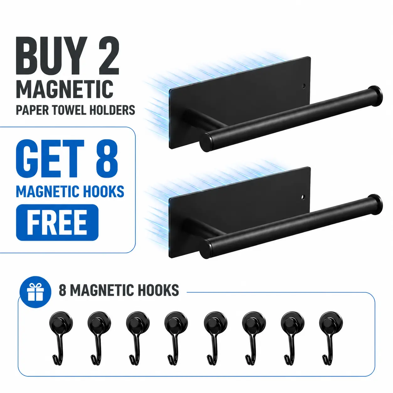 2 Pack Magnetic Paper Towel Holder with 8 Magnetic Hooks, No Drill Kitchen Organizer, Space Saving Wall Mount Rack for Home, RV & More