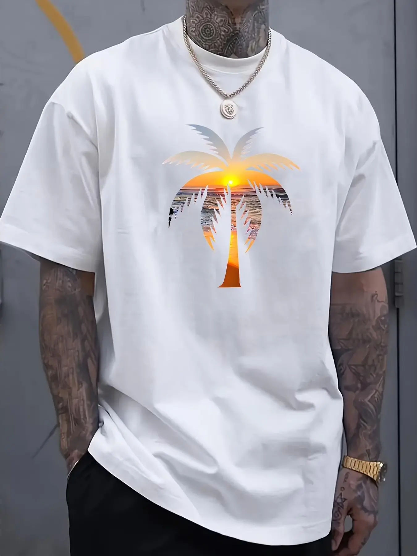 1pc Men'S Summer Casual Tropical T-Shirt with Graphic Sunset Coconut Tree Print, Crew Neck, Short Sleeve, Slight Stretch, Regular Fit, Knit Fabric, Alphabet Pattern, Fashionable Athleisure Style for Everyday Wear