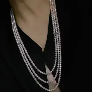 Natural pearl freshwater pearl necklace, light luxury design, high-end feeling, three-layer sweater chain length 68-75cm, fashionable gift length 3-4mm/4-5mm, customizable,S925 silver