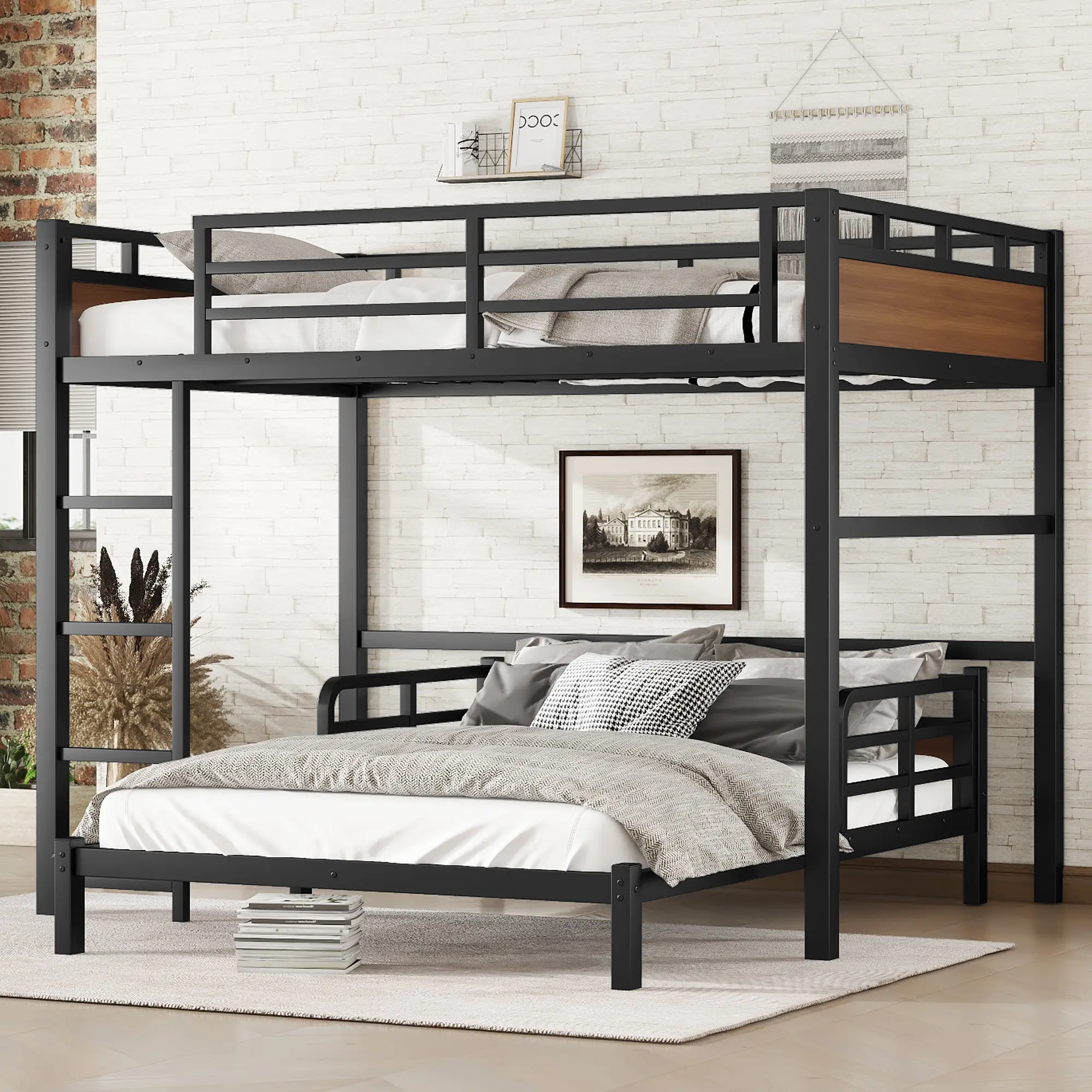 Bellemave Steel Bunk Bed - Classic Separable Design, Noise-Free for Quiet Sleep, Raised Security Fence, Walnut Multi-Layer Cabinet Cubbies, Key Lock Organizer, Easy Quick Assembly