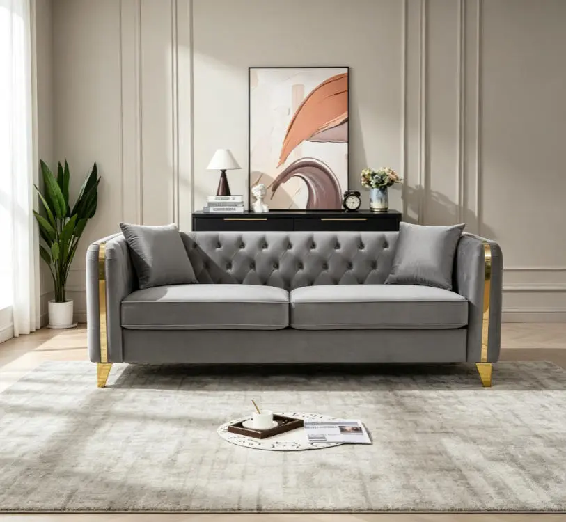 Traditional 3-Seat Chesterfield Velvet Button-Tufted Rolled Arms Sofa - Living Room Sofas, Solid Sturdy Frame, Gold Solid Metal Leg Accents, Indoor Furniture for Home Office
