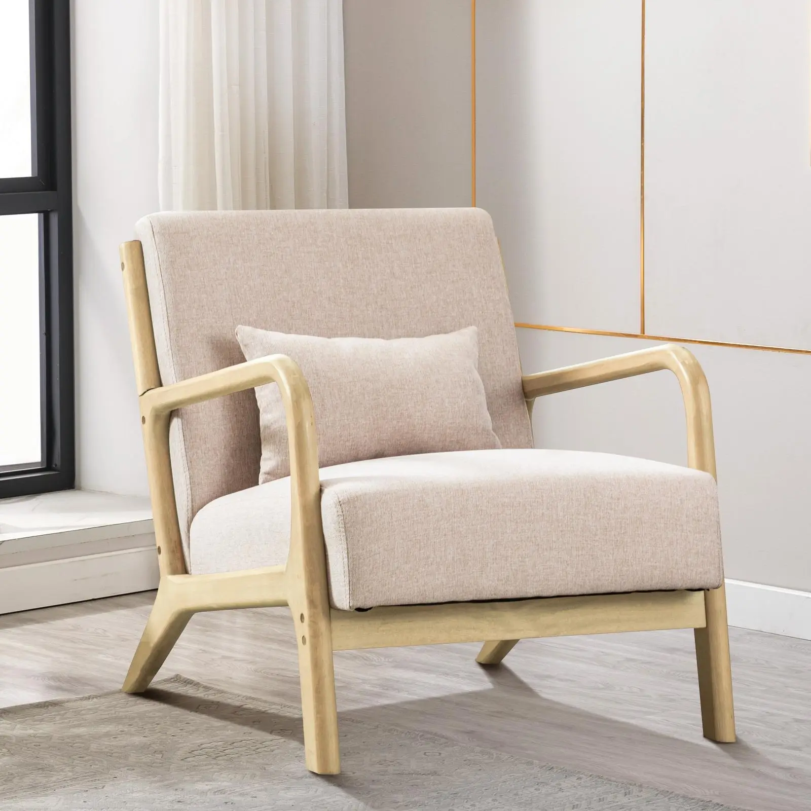 EBELLO Mid-Century Modern Lamb Wool Upholstered Accent Chair - Compact, Pre-Assembled, Button Tufted, Beige, with Waist Cushion, Indoor Small Spaces Furniture for Living Room, Bedroom Reading