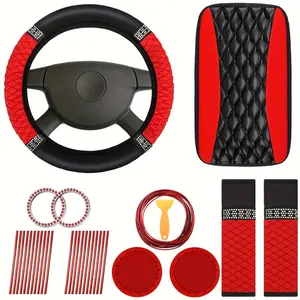 30 piece car interior set, made of PU foam leather, with rhinestone style car interior, including steering wheel cover, shoulder protection, starter ring, coaster decorative strip, etc