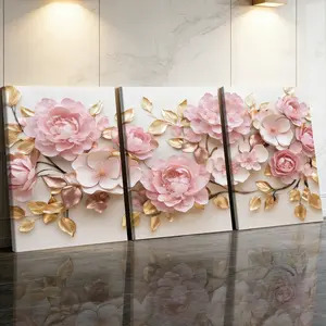 3 Counts Wooden Framed Canvas Painting, Elegant Pink Peony Floral Images, Floral Prints, Exquisite Artistic Poster, Perfect Gift, Decor For Living Room, Bedthroom, Modern Art, Fashion Family Poster, Wall Art Decoration