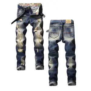 Men’s regular-fit ripped jeans—fashionable, casual, comfortable denim pants for daily outdoor wear; men’s bottoms suitable for all seasons; distressed jeans.