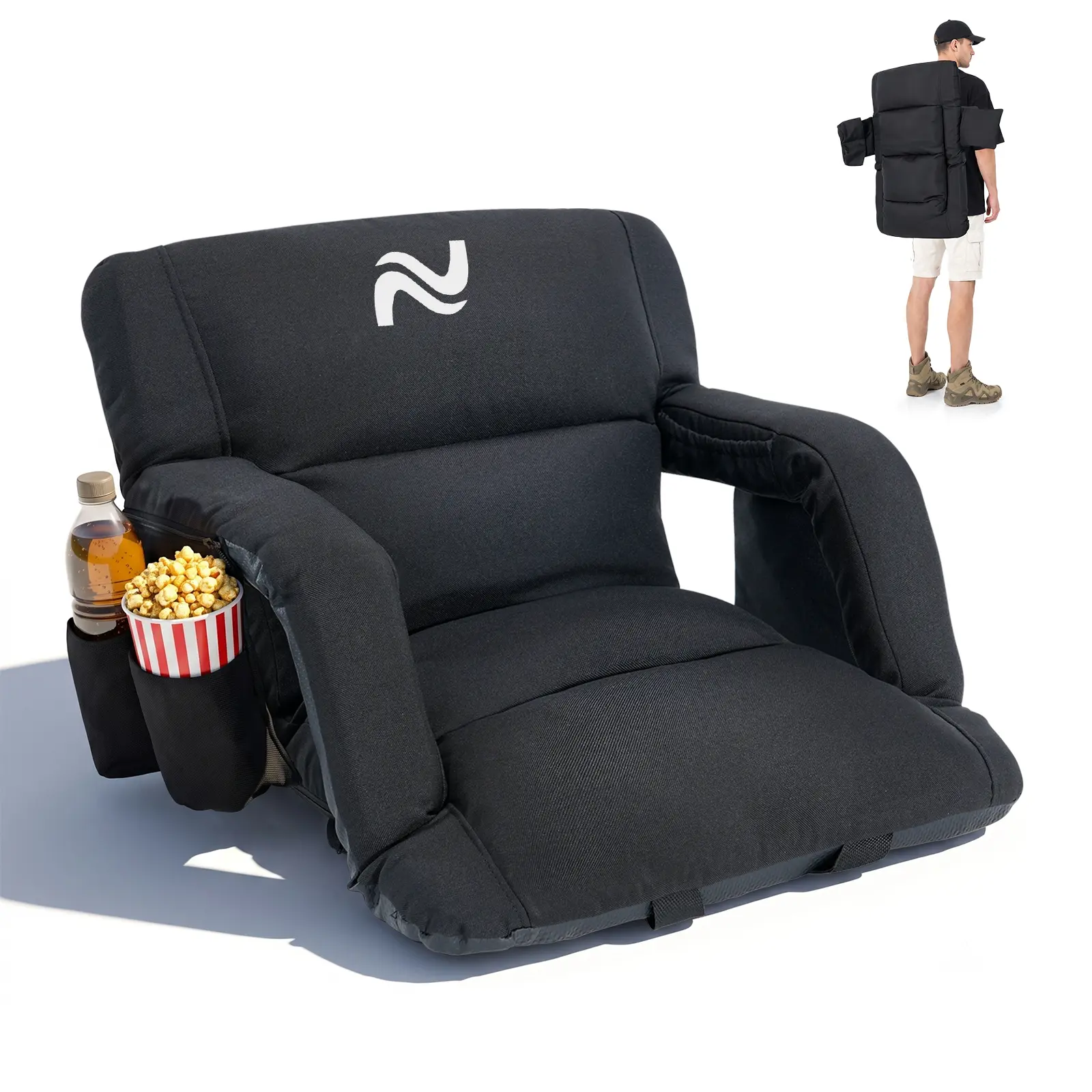 ABORON Unisex Extra Thick Linen Recliner Stadium Seat - 6 Reclining Positions, Back Support, Comfy Cushion, Lightweight Portable Bleacher Chair, Space-Saving Collapsible for Outdoor Sports Events, Adults
