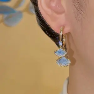LisiZen Blue Ginkgo Leaf Zircon Earrings for Women, 2025 Trend Luxury Chic Jewelry, S925 Silver Needle Sparkling Studs DZEH3254