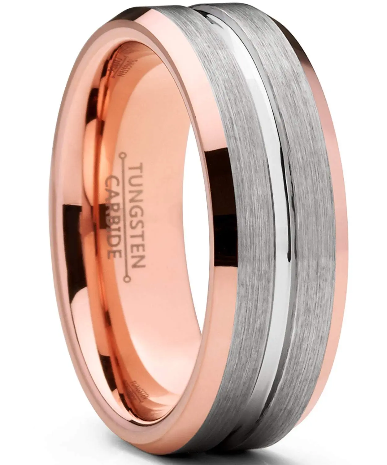 Men's Tungsten Carbide Wedding Band - 8mm Flat Top Brushed Rose Tone, Pink Comfort Fit, Contoured Inner Surface, Grooved Center, Modern Scratch Resistant Heavyweight Metal Ring