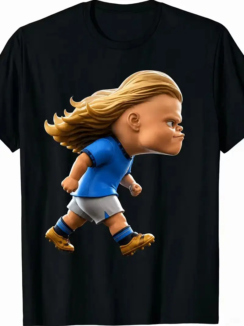 Men's Thick Cotton Shortleeve Graphic T-Shirt - Menswear, Funny Chibi Haaland Soccer Print, Oversized Streetwear Fit, Smooth Round Neck Top, Shortsleeve