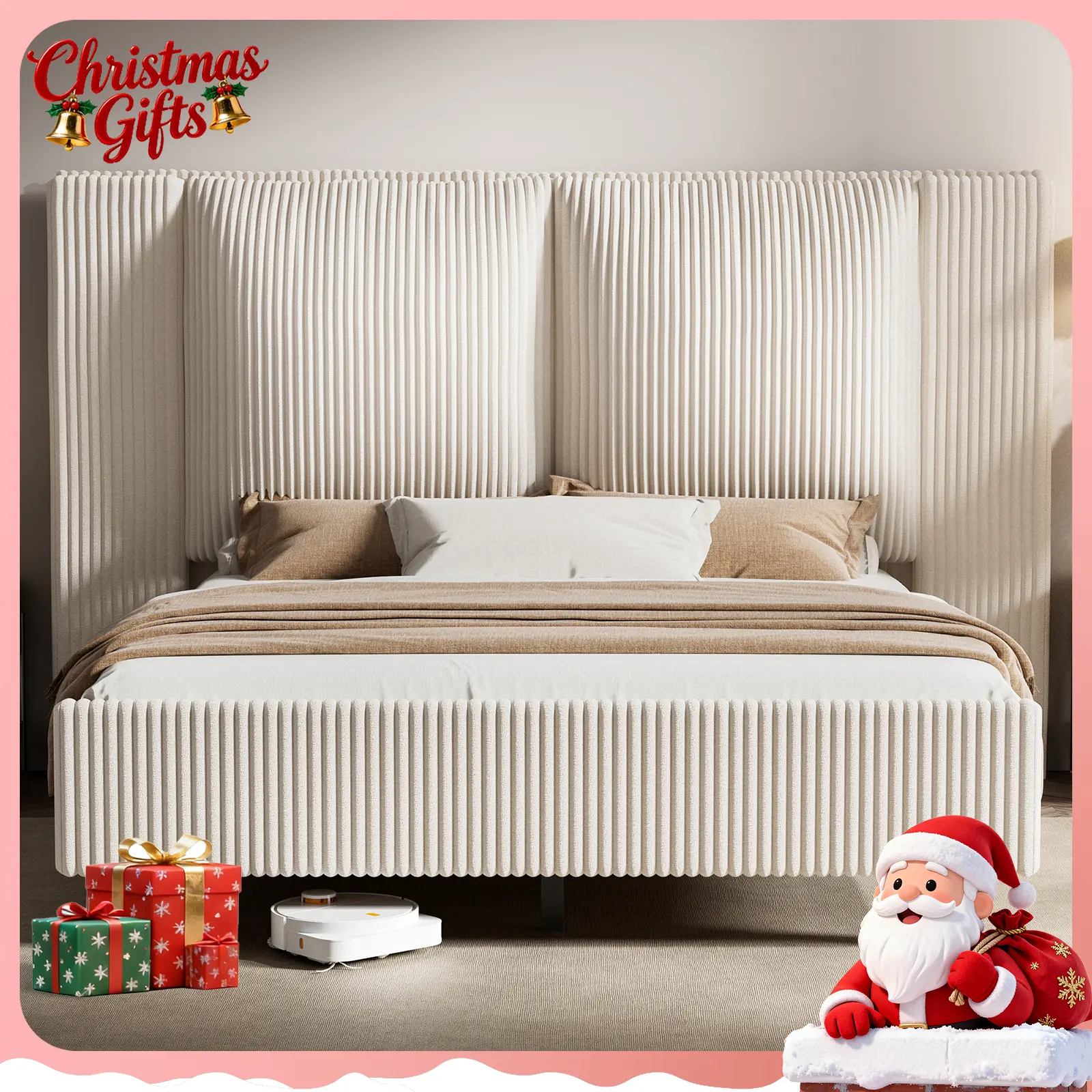 【SummerFinds】King Size Upholstered Bed Frame girl with 51" Tall Headboard, Platform Bed with Widened Corduroy Cushion, Easy Assembly, No Box Spring Needed, cozy bed frame
