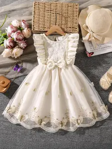 Girl's Butterfly Pattern Bow Decor Dress, Cute Round Neck Dress for Summer, Kids Clothes for Daily Wear, Butterfly Print Dress