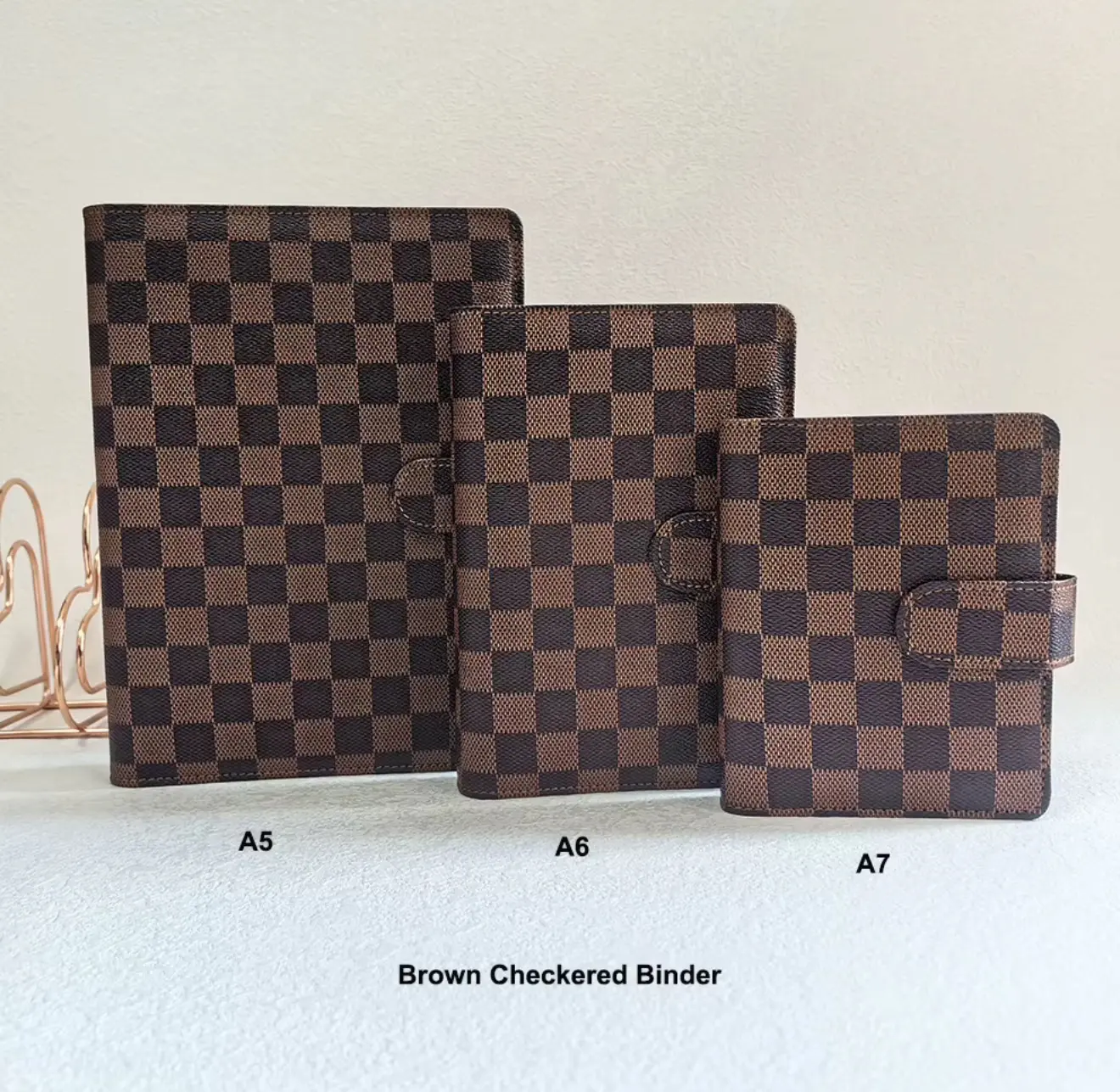 Durable Brown Checkered Binders - A4, A5, A6, A7 Sizes, Reusable Office Accessories, Desk Accessories for Home Organization, Storage, Holds Up to 50 Sheets