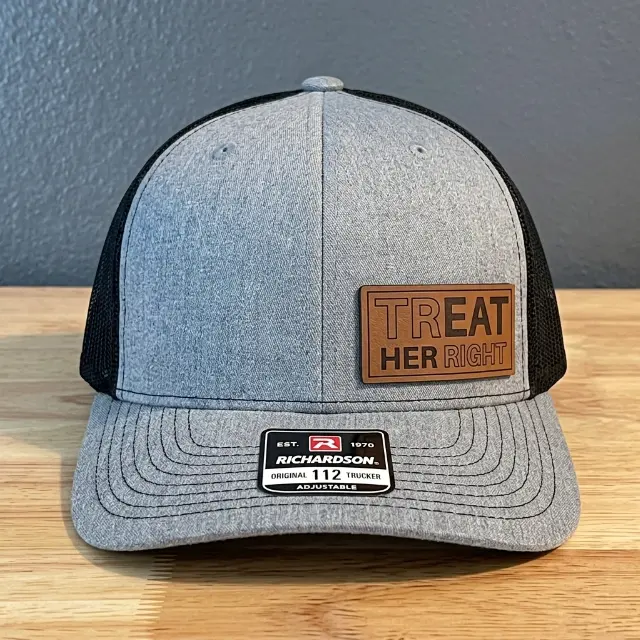 Treat Her Right Engraved Leather Patch Hat, Vintage Americana Relationship Culture Cap, Retro Gentleman Husband Boyfriend Statement Snapback, Premium Richards0n 112 Trucker Mesh Gear