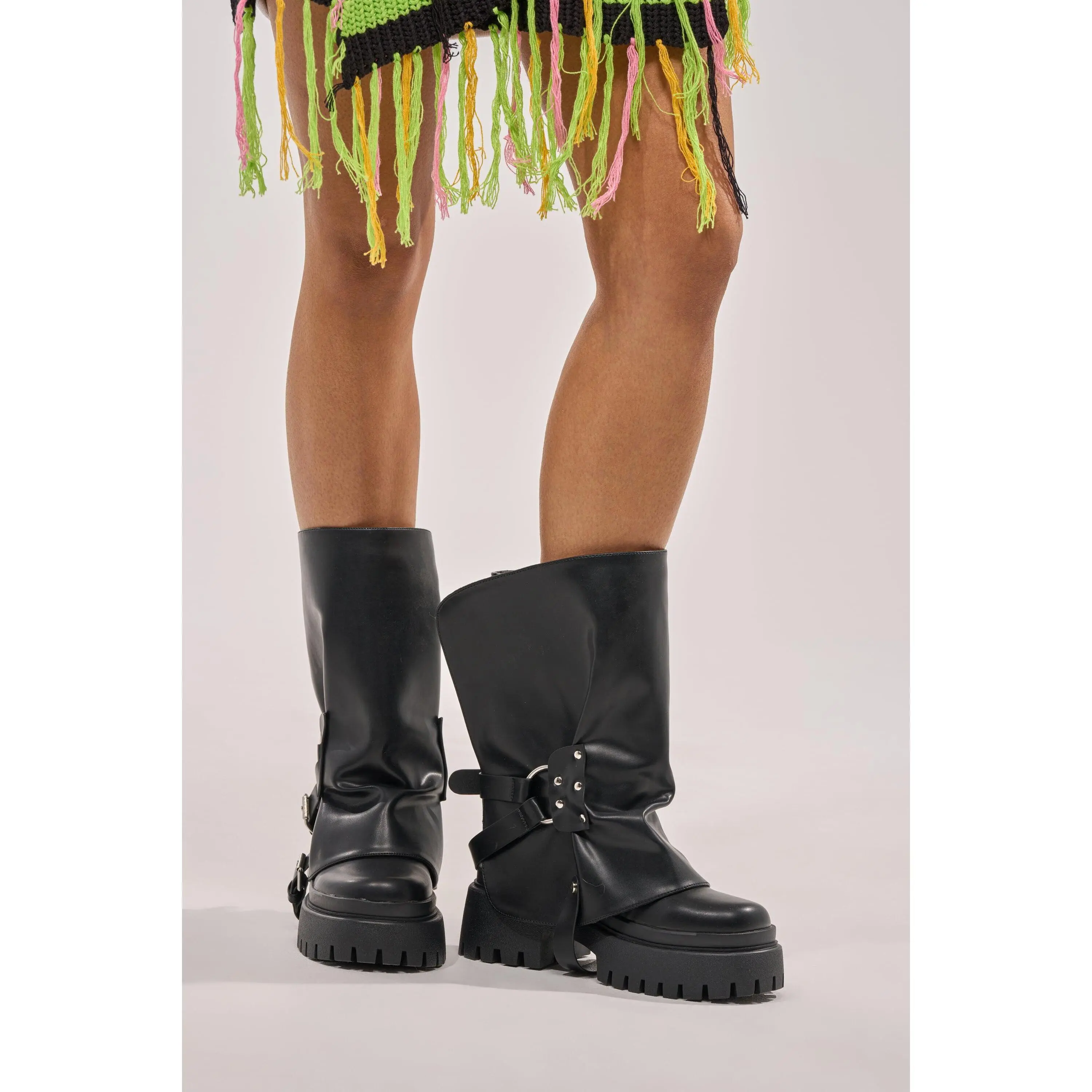 AZALEA WANG POWERLINE BLACK HARDWARE EMBELLISHED COMBAT BOOTIE